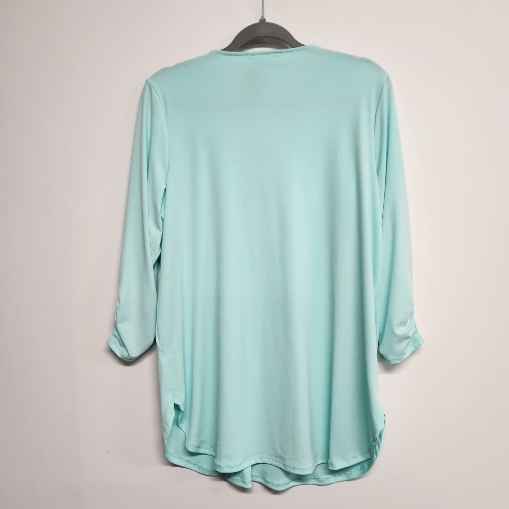 3/$25 Zenana bright pastel seafoam green long sleeve gold zipper blouse size L - Picture 5 of 11